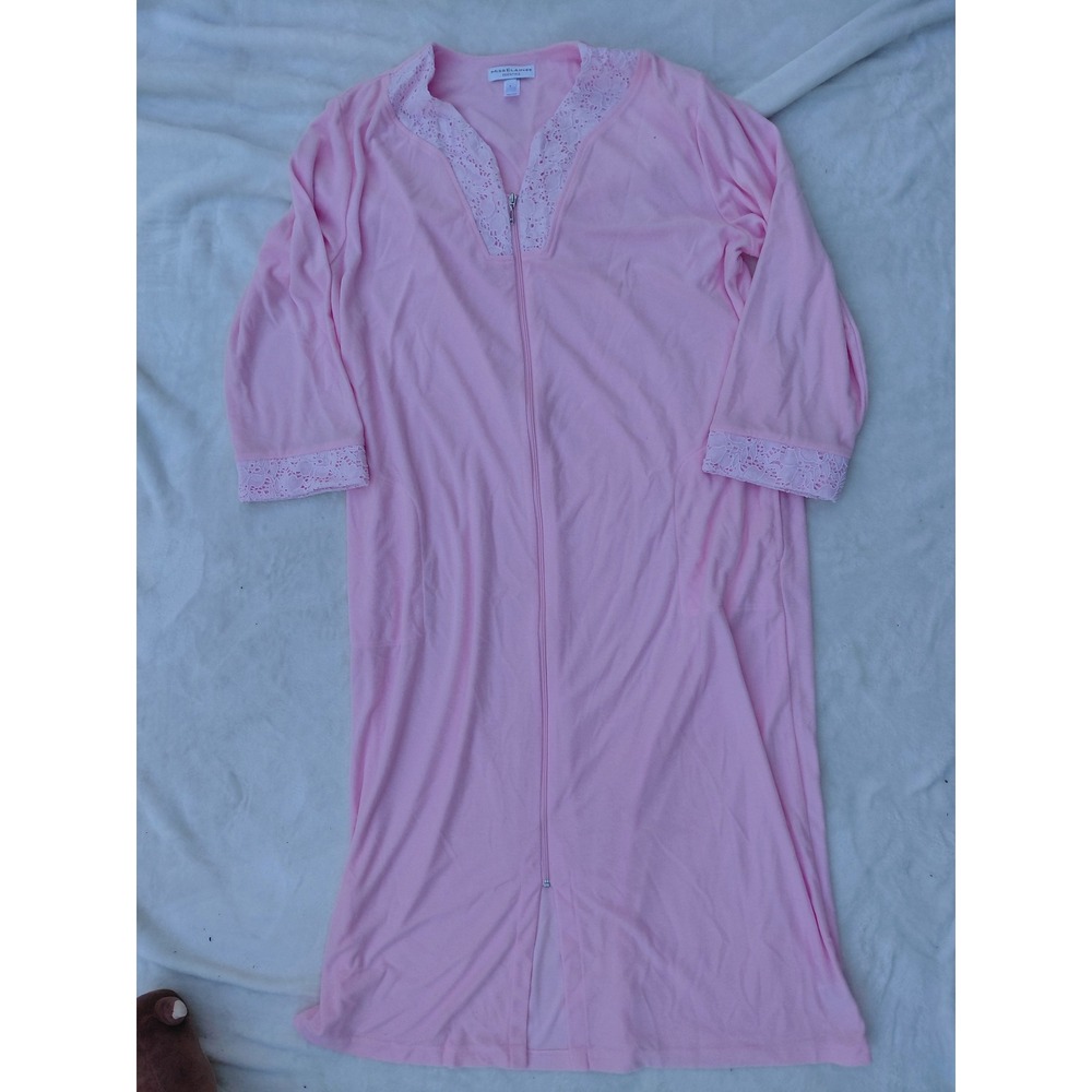 Miss Elaine Essentials Pink Lace Trim Zip Front Robe Housecoat Womens Large